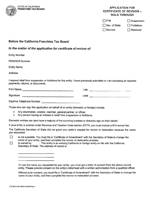 Application Form For Certificate Of Revivor - Walk Through Printable pdf