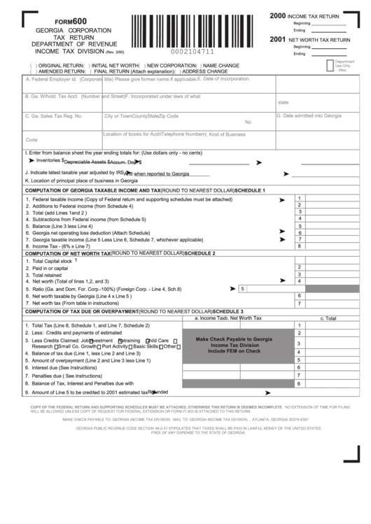 Form 600 - Georgia Corporation Tax Return - Department Of Revenue Income Tax Division 2000-2001 Printable pdf