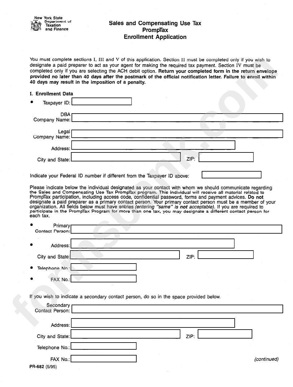 Form Pr-682 - Sales And Compensating Use Tax - Enrollment Application