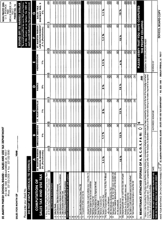Sales And Use Tax Report Form - St. Martin Parish School Board Printable pdf