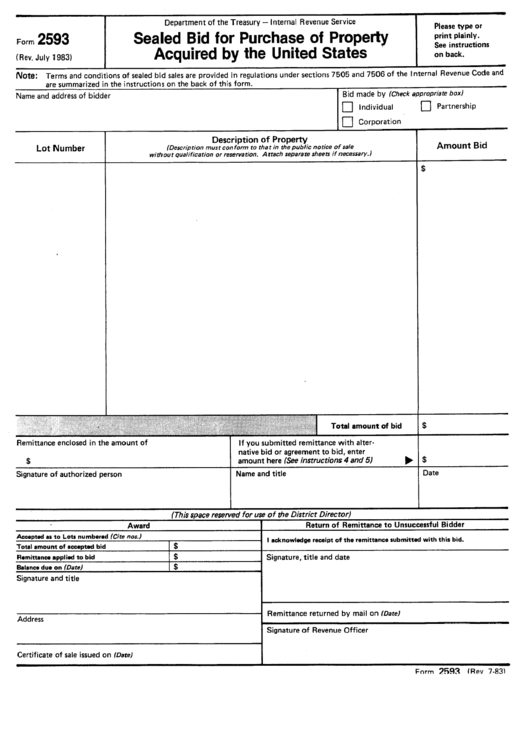 Form 2593 - Sealed Bid For Purchase Of Property Acquired By The United States Printable pdf