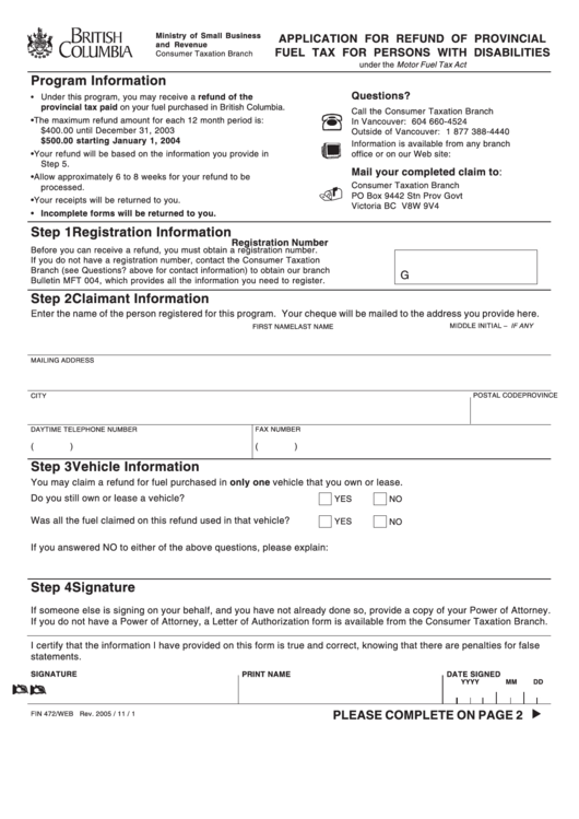 Form Fin 472 Application For Refund Of Provincial Fuel Tax For 