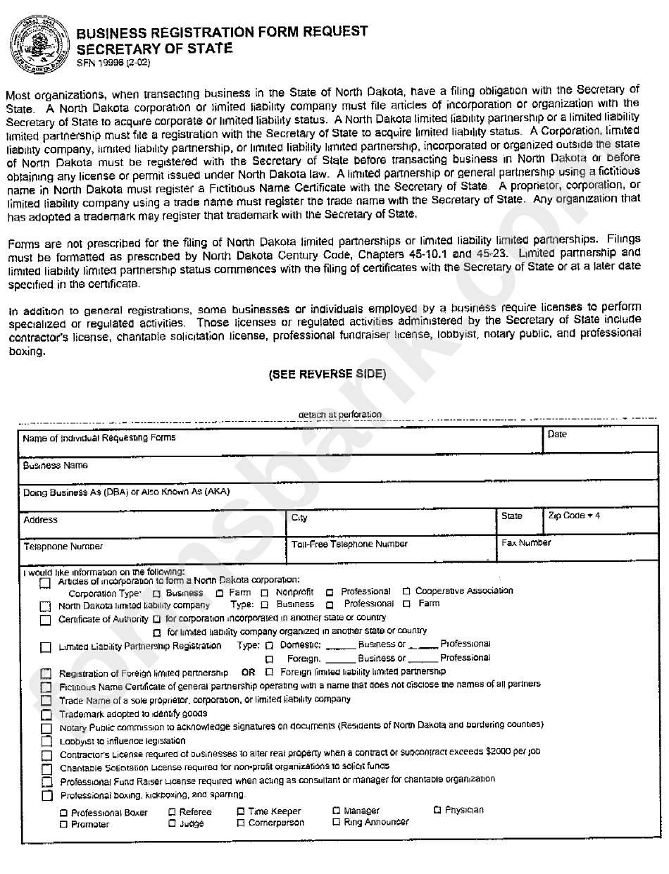 Form Sfn 19996 - Business Registration Form Request