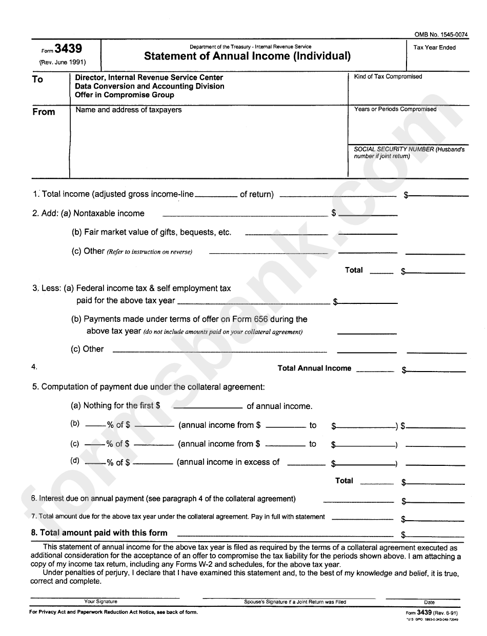 Form 3439 Statement Of Annual Income Individual Department Of The Treasury Printable Pdf 4337
