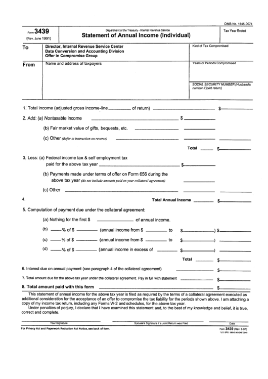 Form 3439 - Statement Of Annual Income (Individual) - Department Of The Treasury Printable pdf