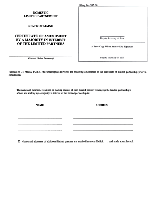 Form Mlpa-Iil R - Certificate Of Amendment By A Majority In Interest Of The Limited Partners Printable pdf