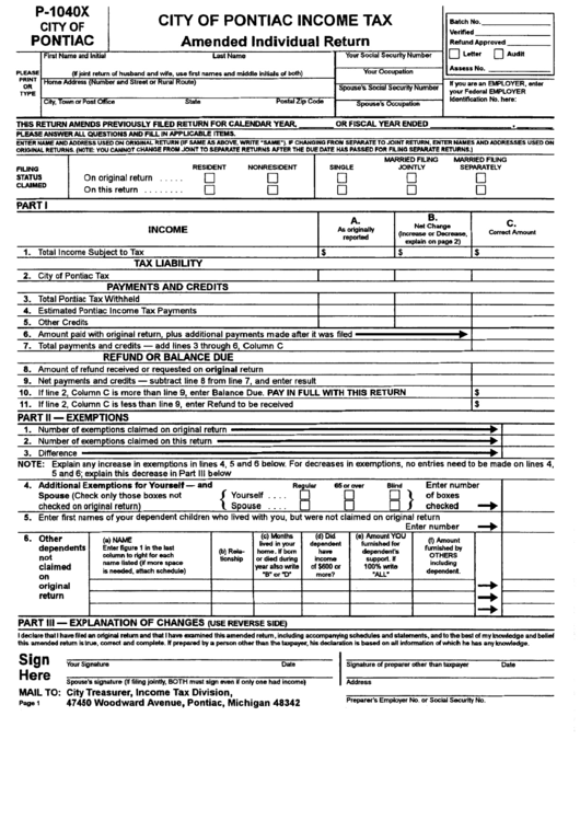 Form P-1040x - City Of Pontiac Income Tax Amended Individual Return 