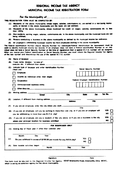 Municipal Income Tax Registration Form - Regional Income Tax Agency Printable pdf