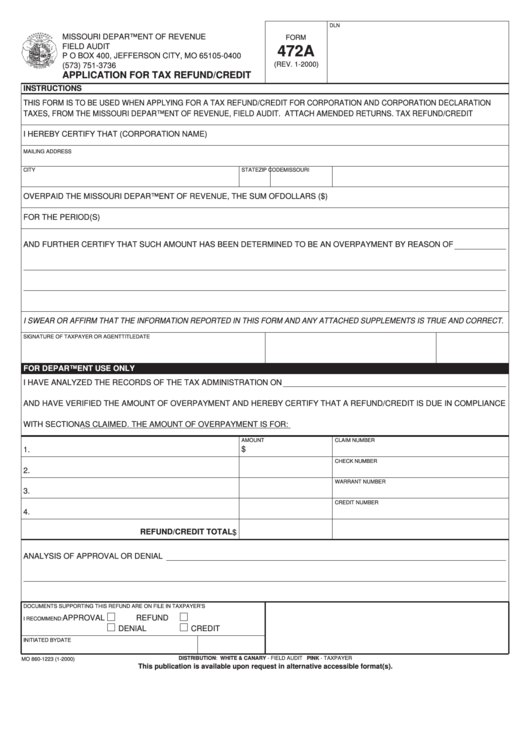 Form 472a - Application For Tax Refund/credit Printable pdf