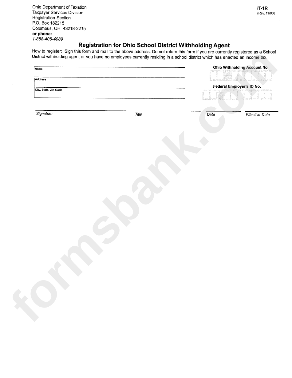 Form It-1r - Registration For Ohio School District Withholding Agent