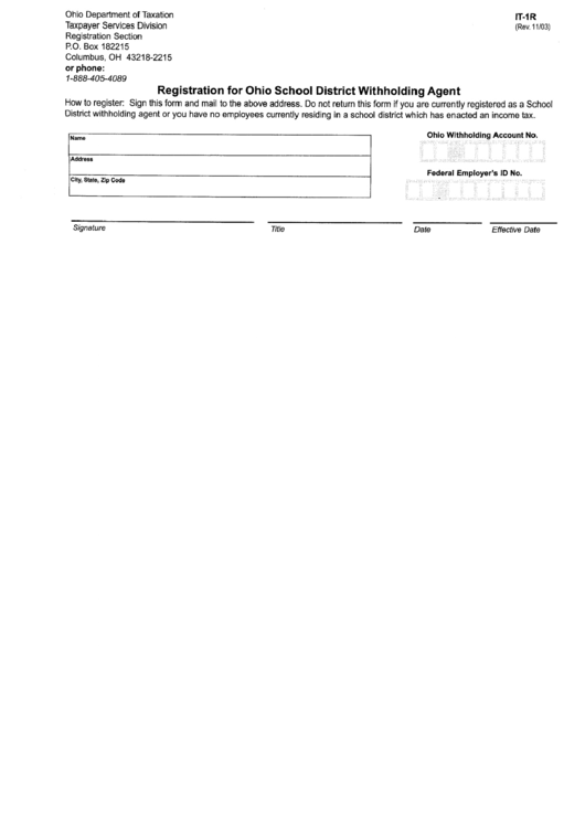 Form It-1r - Registration For Ohio School District Withholding Agent Printable pdf