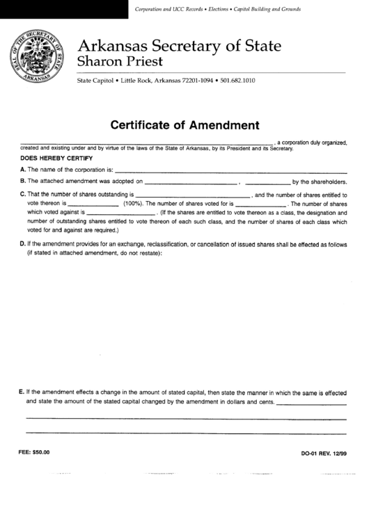 Form Do-01 - Certificate Of Amendment Printable pdf