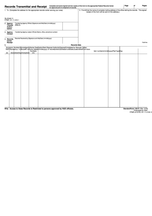 Fillable Form 135-F1 - Records Transmittal And Receipt Printable pdf