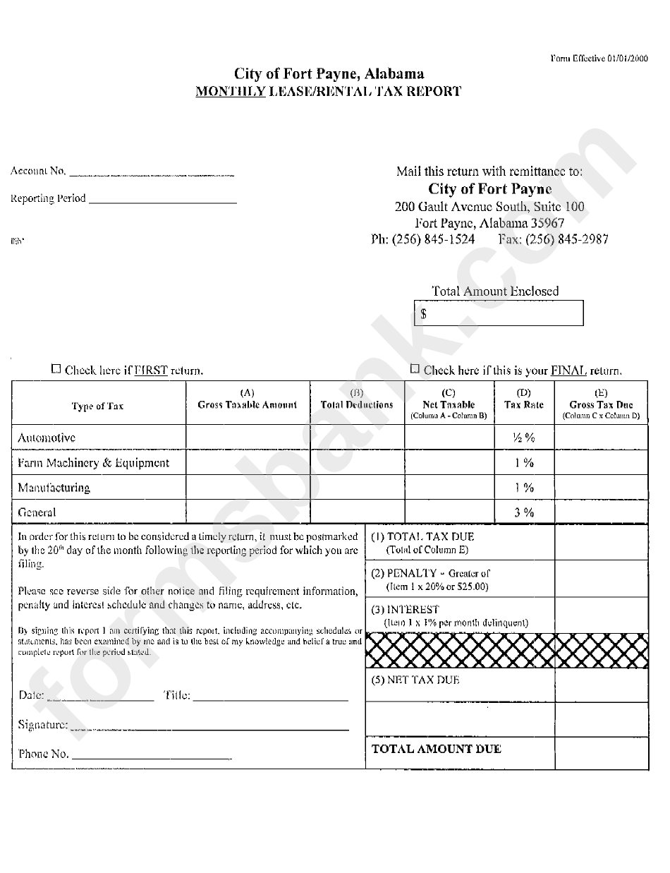 Monthly Lease / Rental Tax Report Form - City Of Fort Payne