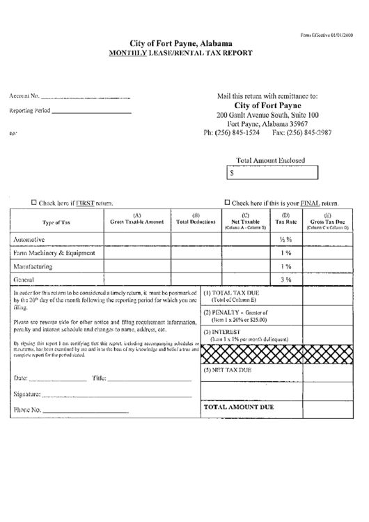 Monthly Lease / Rental Tax Report Form - City Of Fort Payne