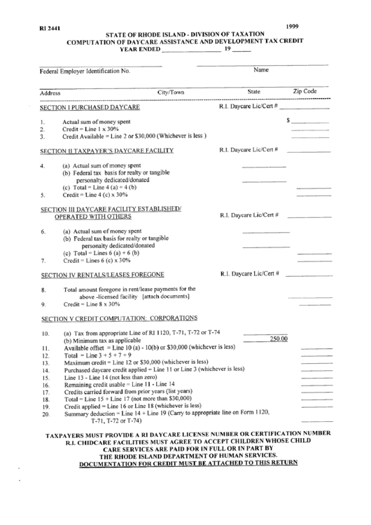 Form Ri 2441 - Computation Of Daycare Assistance And Development Tax Credit Printable pdf