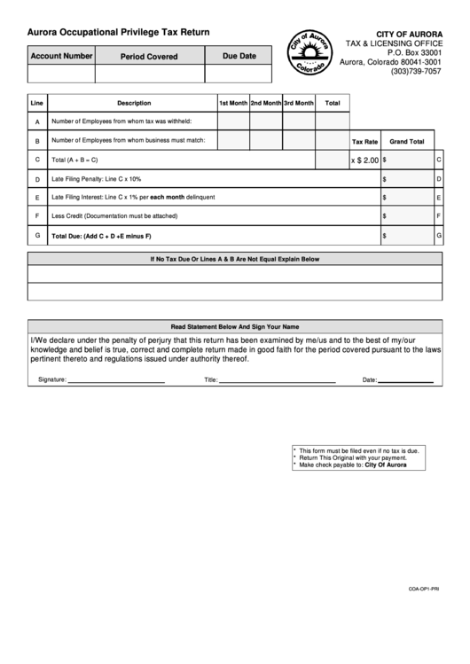 Aurora Occupational Privilege Tax Return Form Printable pdf