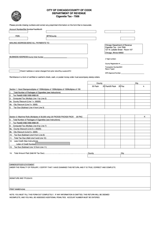 Form 7506 - Cigarette Tax Stamp Return - City Of Chicago/county Of Cook, Illinois Printable pdf