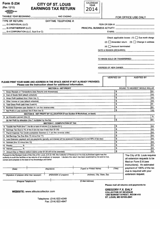 Fillable Form E-234 - City Of St. Louis Earnings Tax Return 2014 Printable pdf