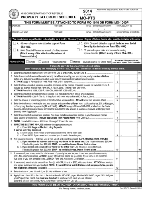 Fillable Form Mo-Pts - Property Tax Credit Schedule 2014 Printable pdf