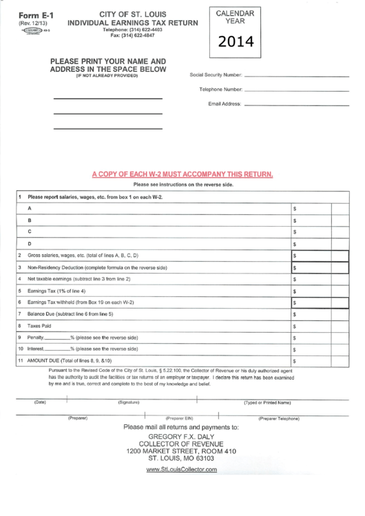 Fillable Form E-1 - City Of St. Louis Individual Earnings Tax Return 2014 Printable pdf
