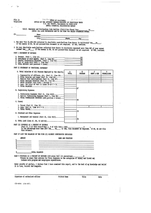 Form Ct-694 - Annual Financial Solicitation Report Printable pdf