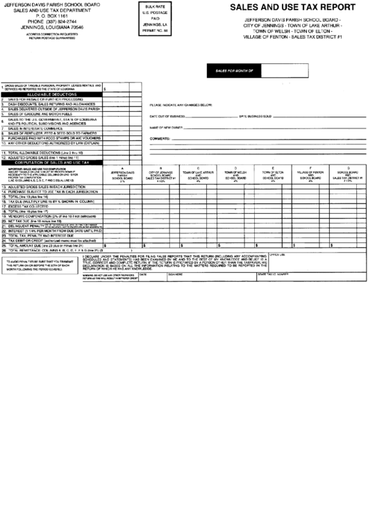 Sales And Use Tax Report Form - Jefferson Davis Parish School Board Printable pdf
