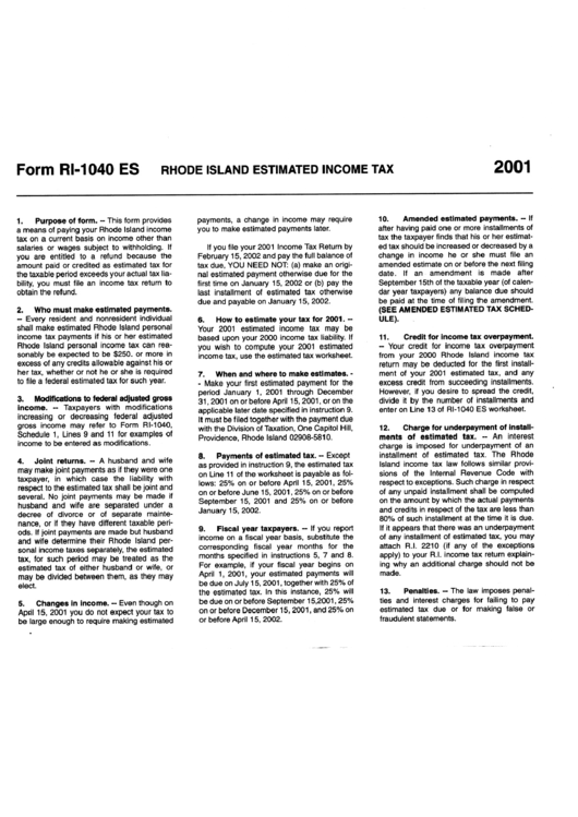 Form Ri-1040 Es - Instructions 2001 Printable pdf