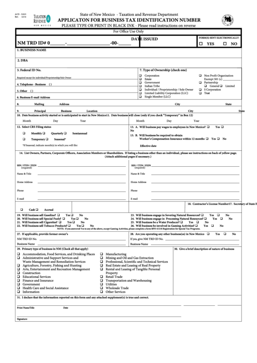 Form Acd - 31015 - Applicaton For Business Tax Identification Number Printable pdf