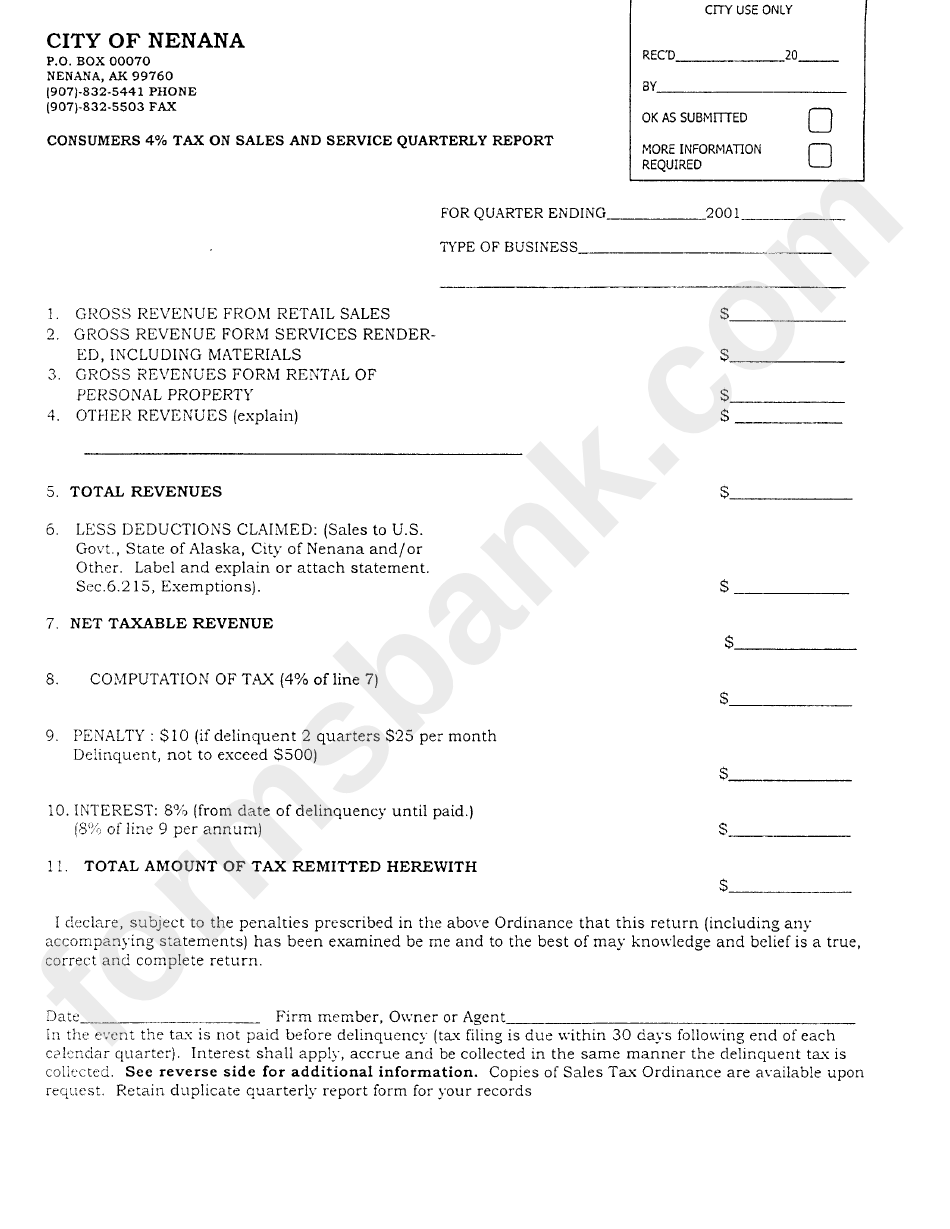 Consumers 4% Tax On Sales And Service Quarterly Report Form - City Of Nenana