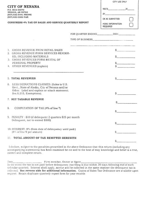 Consumers 4% Tax On Sales And Service Quarterly Report Form - City Of Nenana Printable pdf