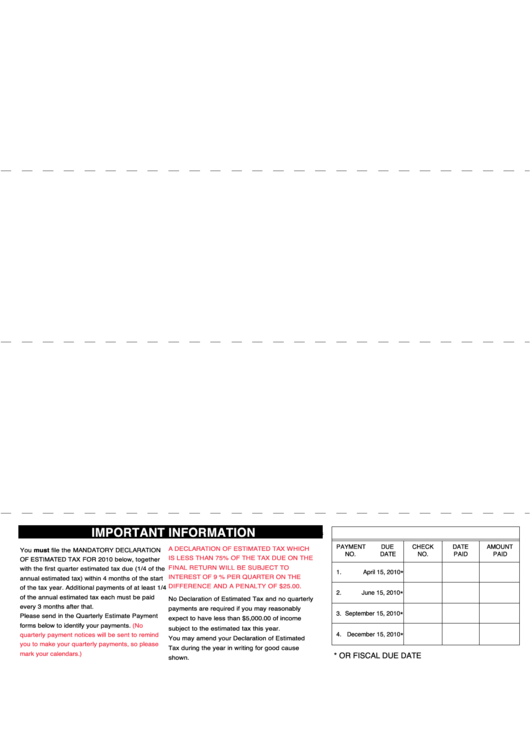 Quarterly Corporate Estimate Payment Coupon - City Of Canton - 2010 Printable pdf