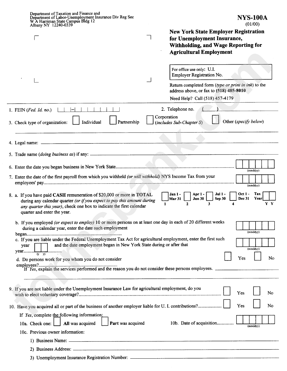 Form Nys-100a - Employer Registration For Unemployment Insurance, Withholding, And Wage Reporting For Agricultural Employment