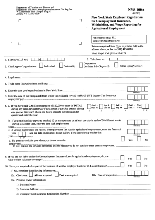 Form Nys-100a - Employer Registration For Unemployment Insurance, Withholding, And Wage Reporting For Agricultural Employment Printable pdf