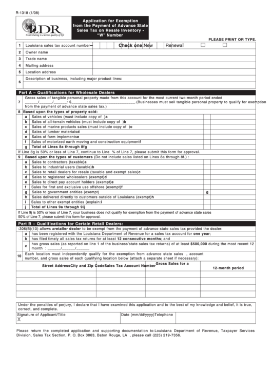 Fillable Form Ldr R-1318 - Application For Exemption From The Payment Of Advance State Sales Tax On Resale Inventory - "W" Number Form Printable pdf