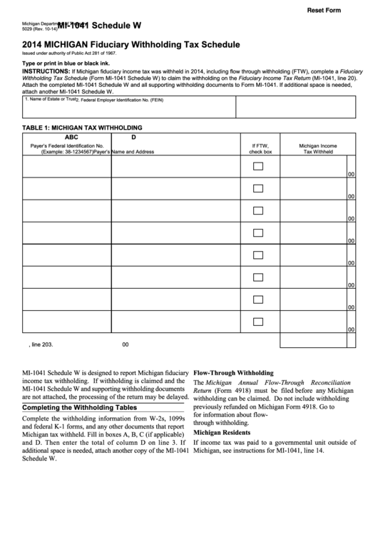 Fillable Form Mi 1041 2014 Michigan Fiduciary Withholding Tax Schedule Printable Pdf Download