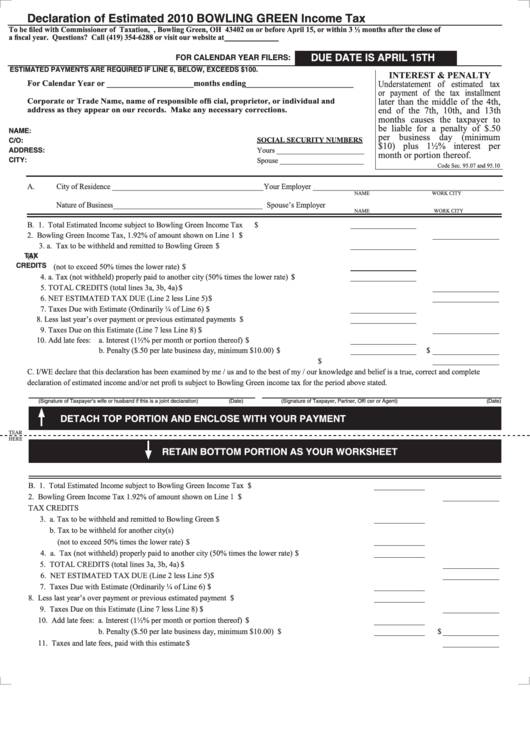 Declaration Of Estimated 2010 Bowling Green Income Tax Form Printable pdf