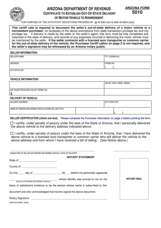 Fillable Form 5010 - Certificate To Establish Out-Of-State Delivery Of Motor Vehicle To Nonresident - Arizona Department Of Revenue Printable pdf
