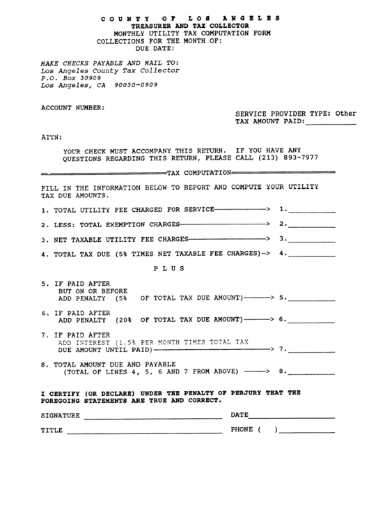 Monthly Utility Tax Computation Form - County Of Los Angeles Printable pdf