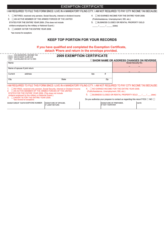 Fillable Exemption Certificate Form - 2009 Printable pdf