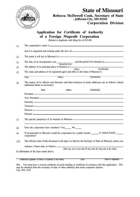 Application Form For Certificate Of Authority Of A Foreign Nonprofit Corporation - Corporation Division - State Of Missouri Printable pdf