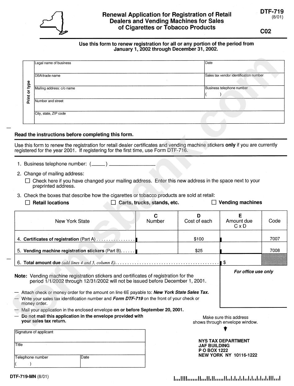 Form Dtf-719 - Renewal Application For Registration Of Retail Dealers And Vending Machines For Sales Of Cigarettes Or Tobacco Products