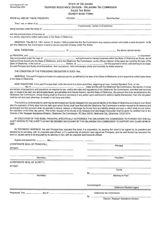 Form Bt-159 - Sales Tax Bond Printable pdf