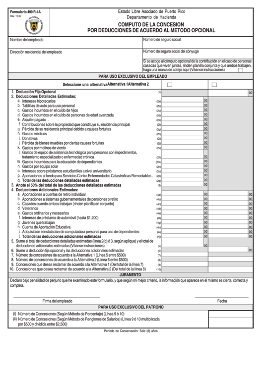 Fillable Form 499 R-4a - Computo De La Concesion Por Deducciones De Acuerdo Al Metodo Opcional - Estado Libre Asociado De Puerto Rico Departamento De Hacienda Printable pdf