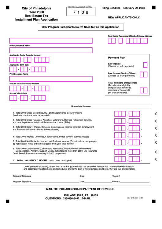 Real Estate Tax Installment Plan Application - City Of Philadelphia - 2008 Printable pdf