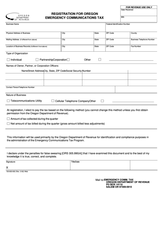 Registration For Oregon Emergency Communications Tax Form Printable pdf
