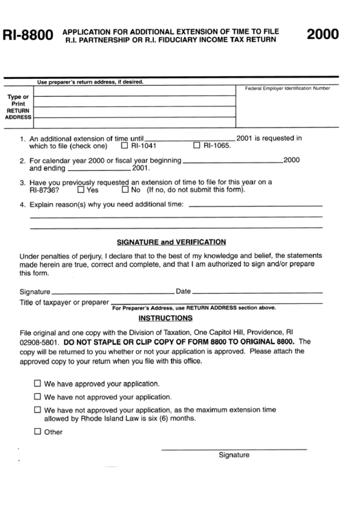 Form Ri-8800 - Application For Additional Extension Of Time To File R.i. Partnership Of R.i. Fiduciary Income Tax Return - 2000 Printable pdf