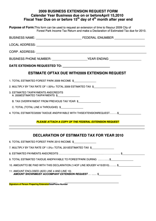 2009 Business Extension Request Form Printable pdf