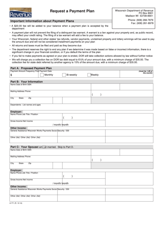 Form A-771 - Request A Payment Plan Printable pdf