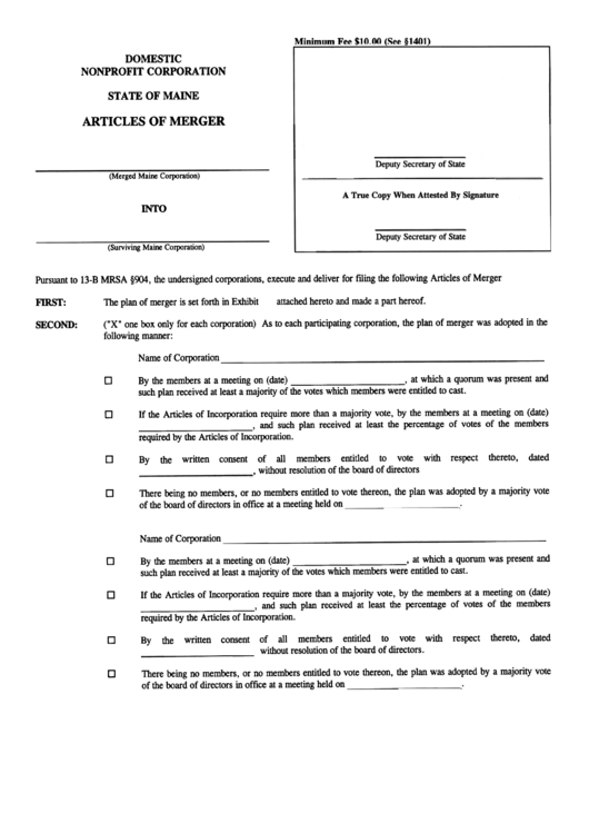 Form Mnpca-I0 - Domestic Nonprofit Corporation Articles Of Merger Printable pdf